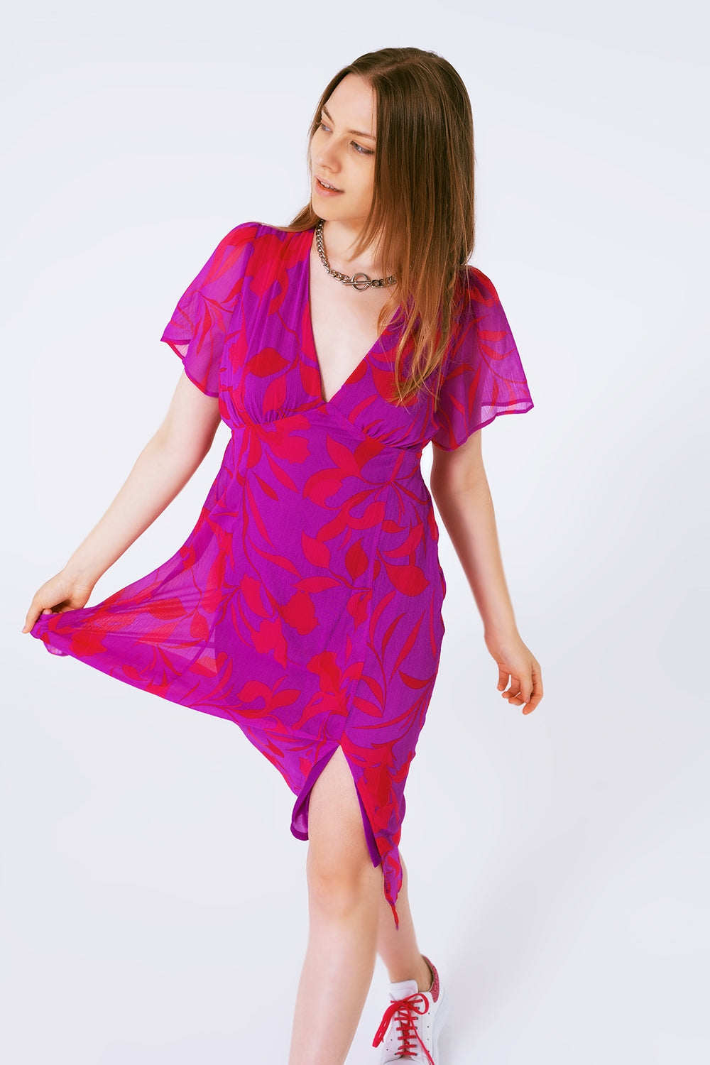 Vestido largo de gasa estampado de flores en manga corta
