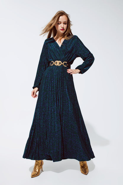 Vestido largo de manga larga con brillo en verde