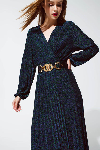Vestido largo de manga larga con brillo en verde
