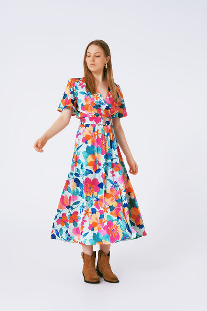 Q2 vestido largo de satén suave con cinturón y estampado de flores