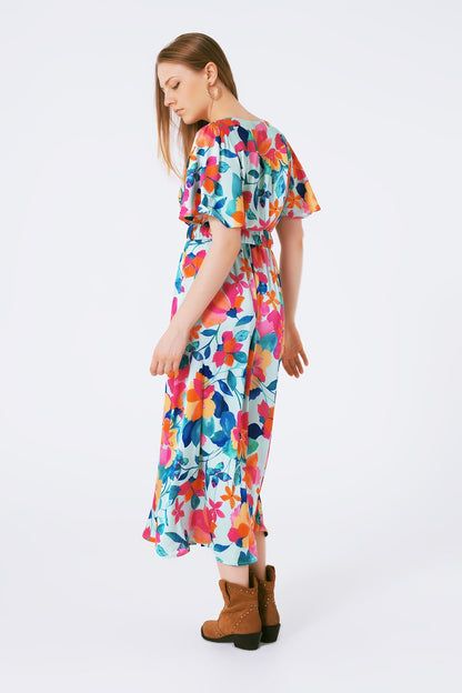vestido largo de satén suave con cinturón y estampado de flores