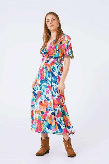 vestido largo de satén suave con cinturón y estampado de flores