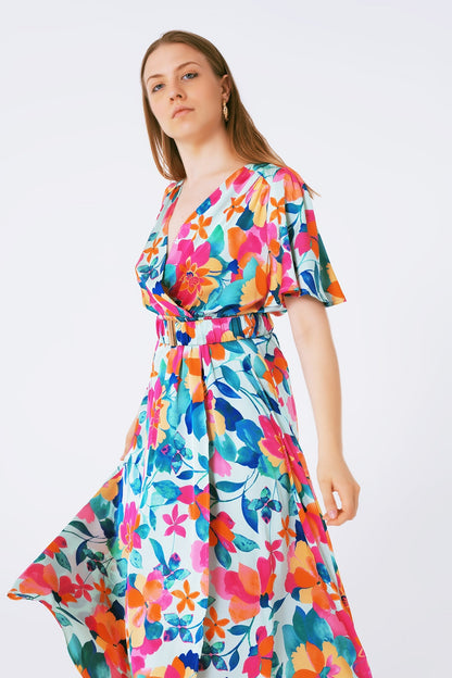 vestido largo de satén suave con cinturón y estampado de flores