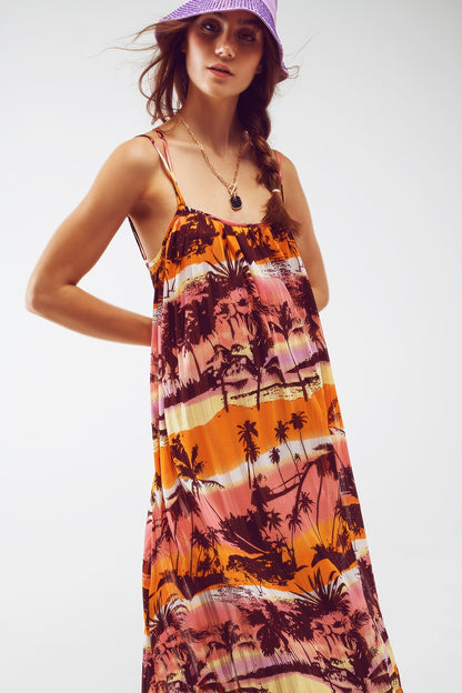 Vestido largo maxi de espalda abierta con estampado tropical en rosa