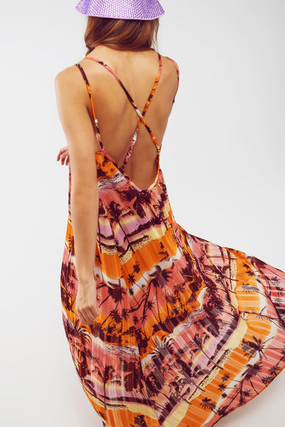 Vestido largo maxi de espalda abierta con estampado tropical en rosa