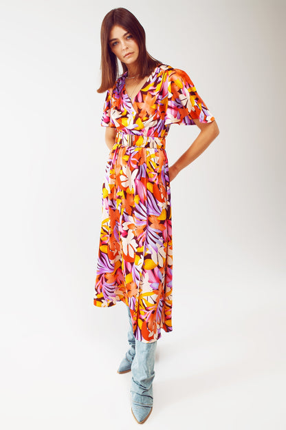 Vestido largo plisado con escote en V en multicolor