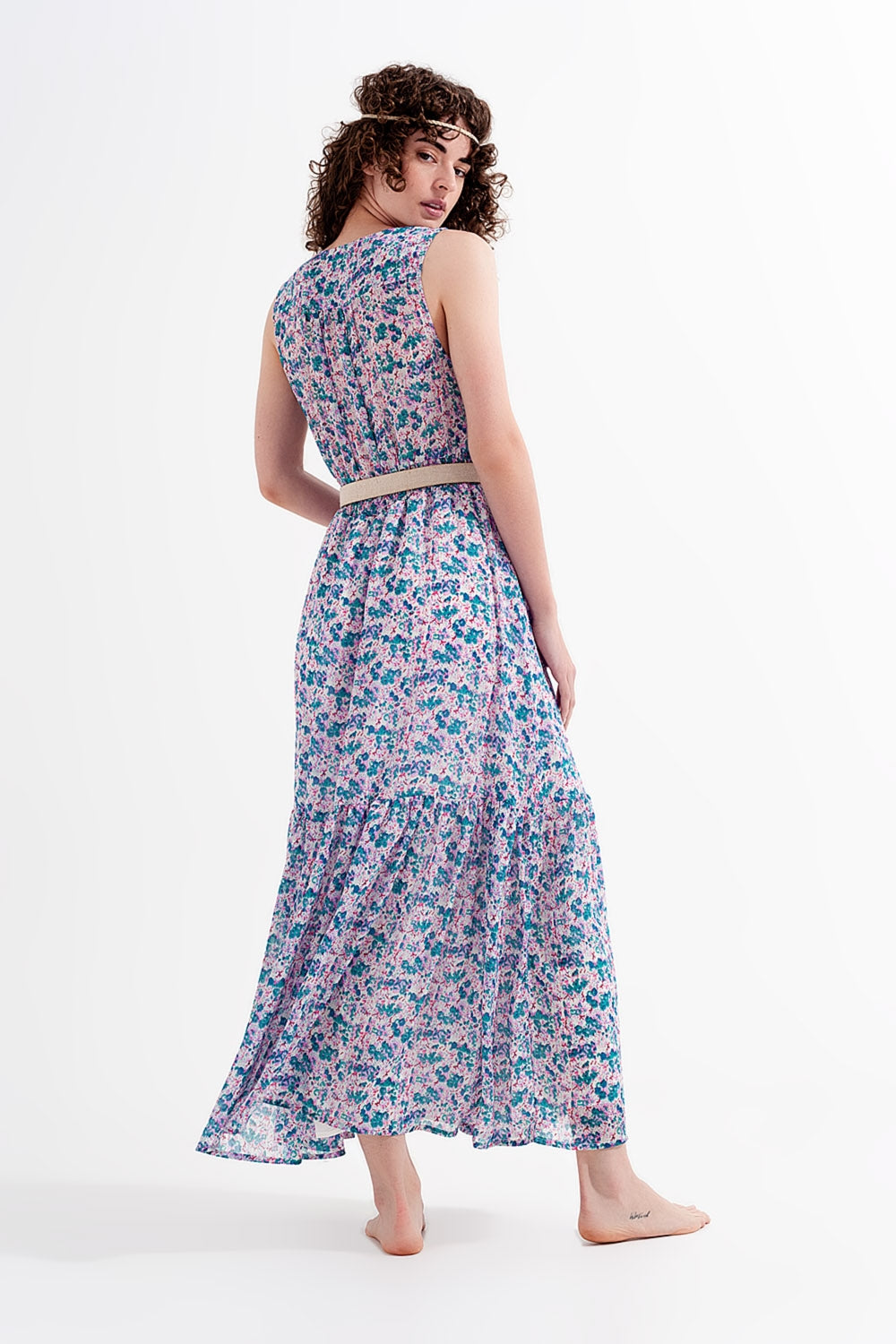 Vestido largo sin mangas con estampado de florecitas en verde