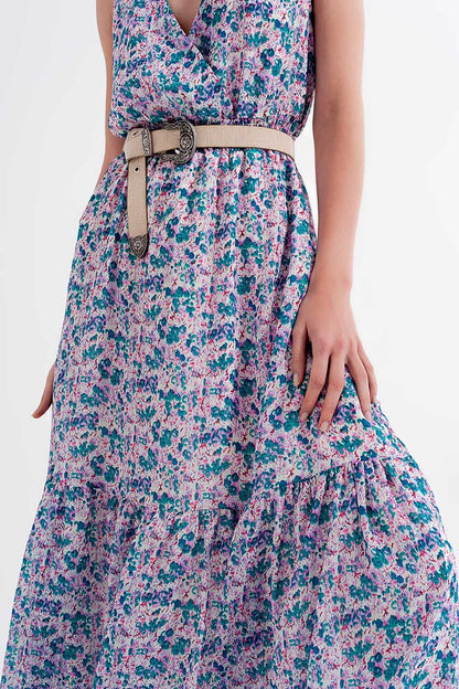 Vestido largo sin mangas con estampado de florecitas en verde