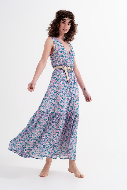 Vestido largo sin mangas con estampado de florecitas en verde