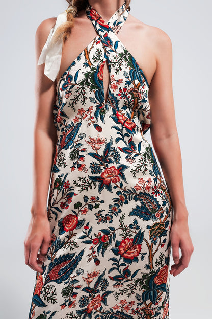 Vestido maxi con estampado de cachemir y cuello halter beige