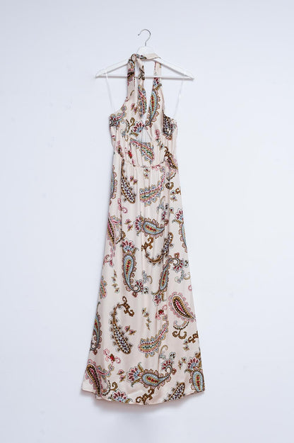 Vestido maxi con estampado de cachemir y cuello halter