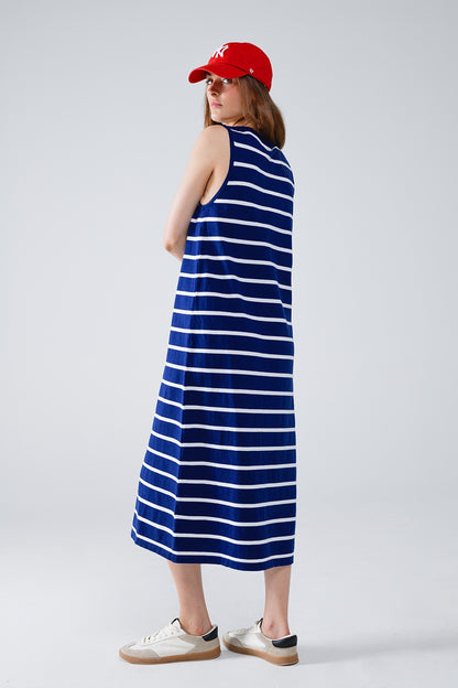 Vestido maxi De Tirantes Con Cuello Redondo En Azul Marino Con Rayas Blancas