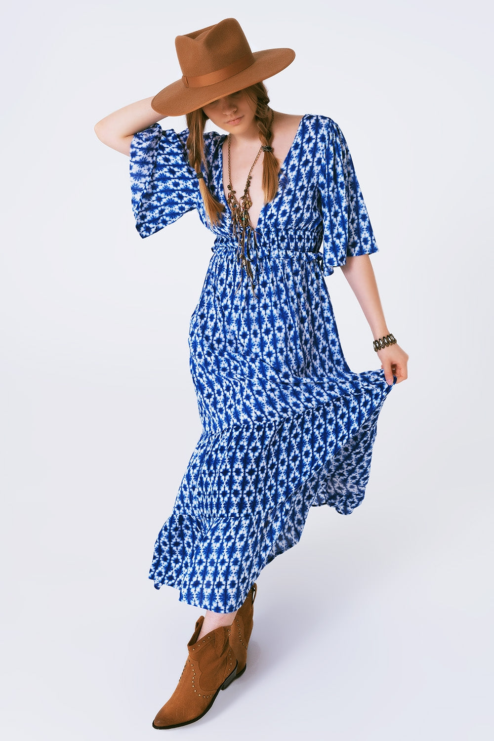 vestido maxi estampado boho cruzado en la espalda