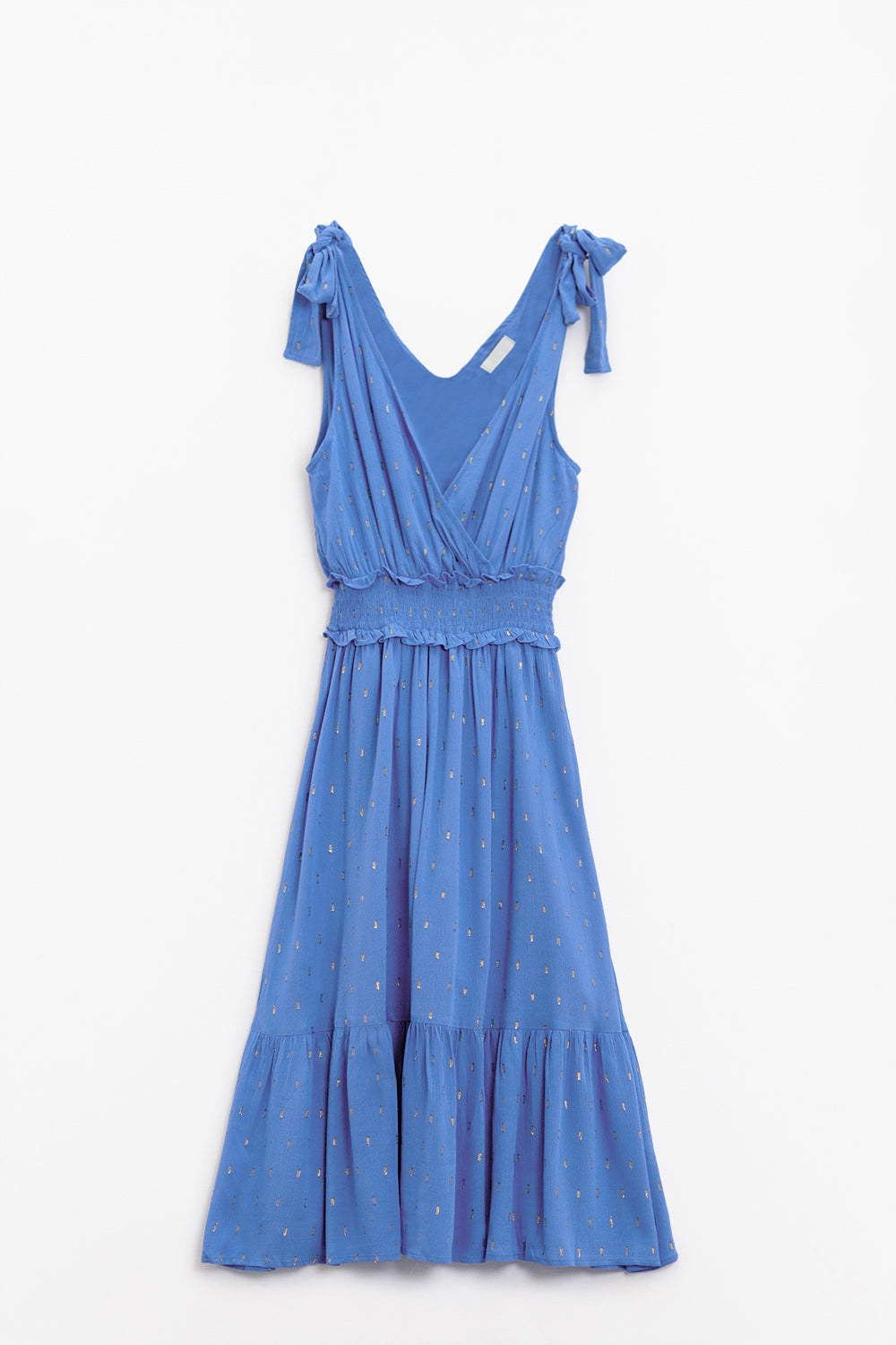Vestido midi azul con detalle de smock en la cintura y lunares dorados