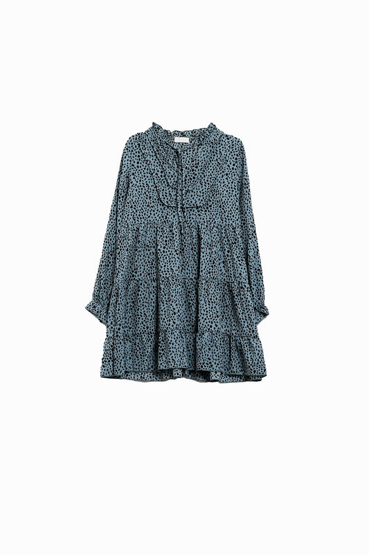 Q2 Vestido midi azul con estampado animal negro y mangas largas
