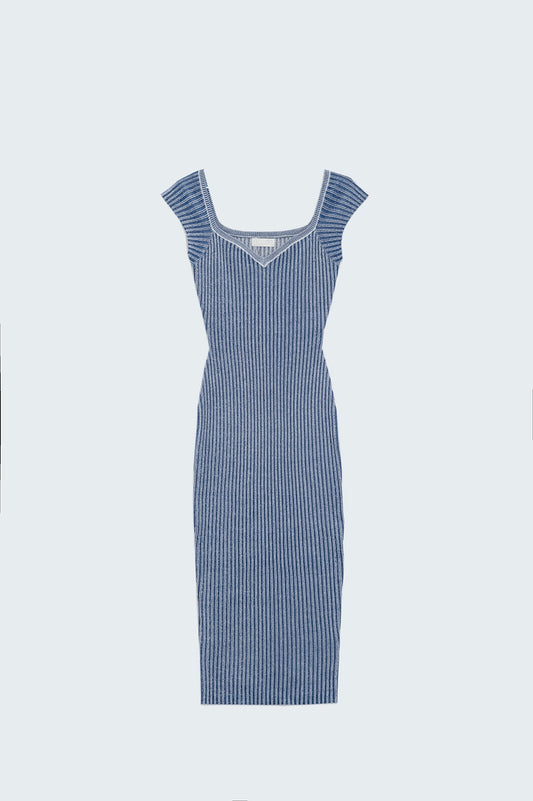 Q2 Vestido midi azul de canalé grueso con mangas casquillo