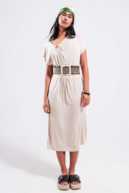Vestido midi beige con detalle de anilla