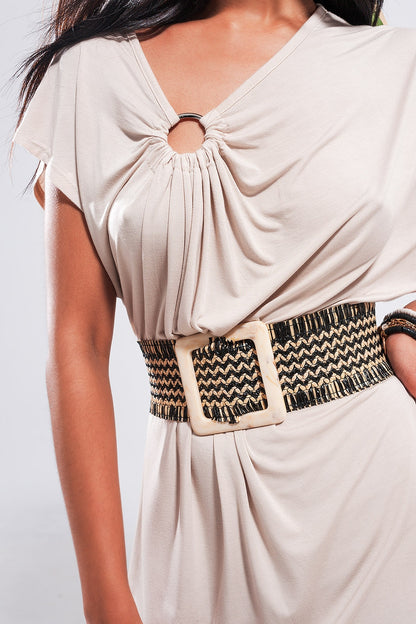 Vestido midi beige con detalle de anilla