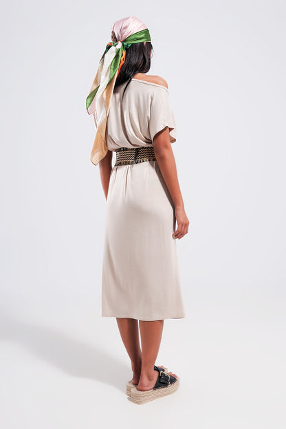 Vestido midi beige con detalle de anilla