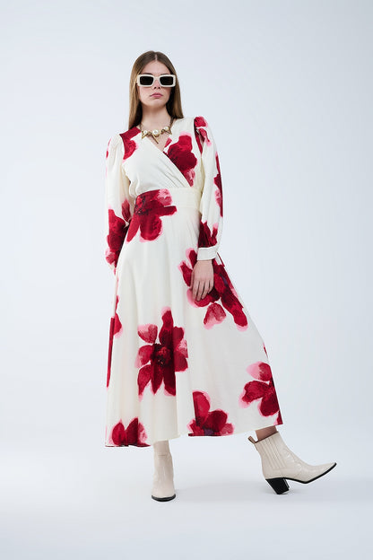 Q2 Vestido midi beige con estampado floral tropical rojo y mangas largas