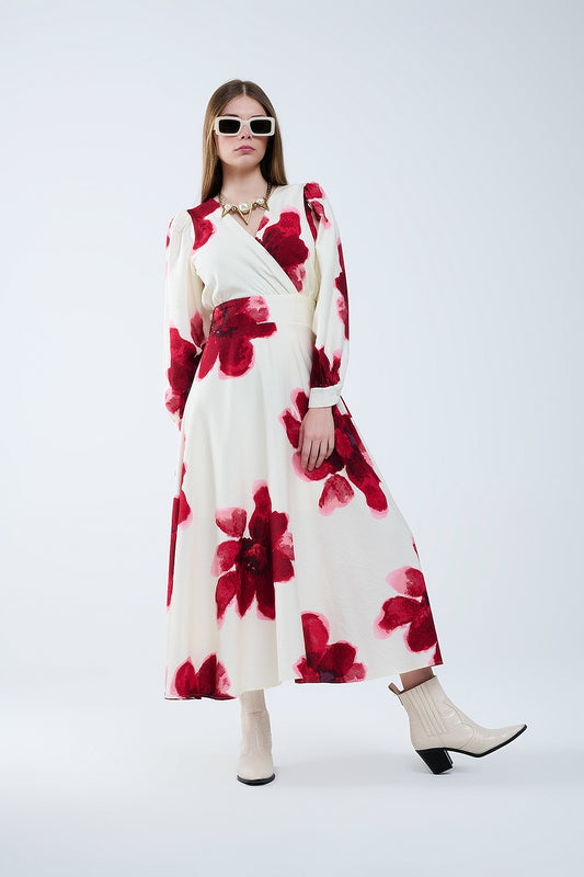 Q2 Vestido midi beige con estampado floral tropical rojo y mangas largas