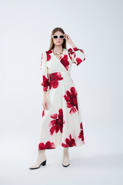 Vestido midi beige con estampado floral tropical rojo y mangas largas