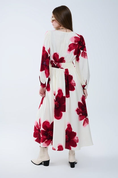 Vestido midi beige con estampado floral tropical rojo y mangas largas