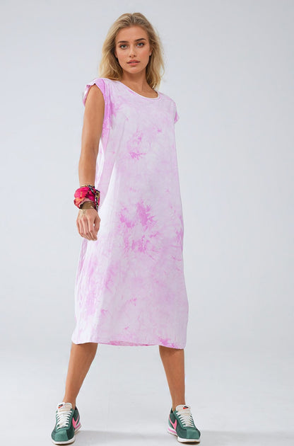 Vestido Midi Camisa Teñido Anudado en Rosa