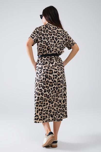 Vestido Midi Camisero De Manga Corta Con Cinturón En Estampado De Leopardo