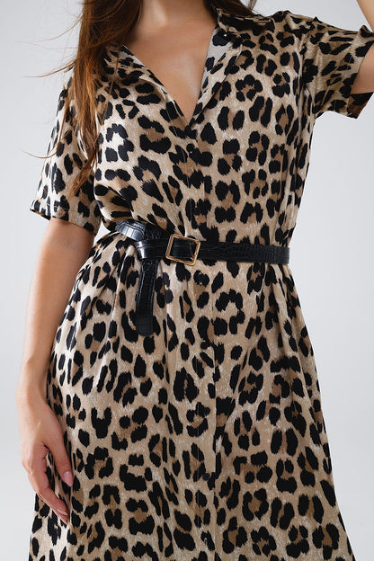 Vestido Midi Camisero De Manga Corta Con Cinturón En Estampado De Leopardo