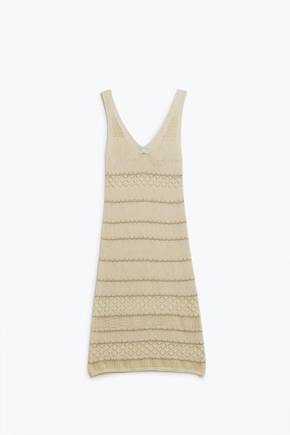 Q2 Vestido Midi Crema Sin Mangas Con Escote En V Y Diseño De Crochet