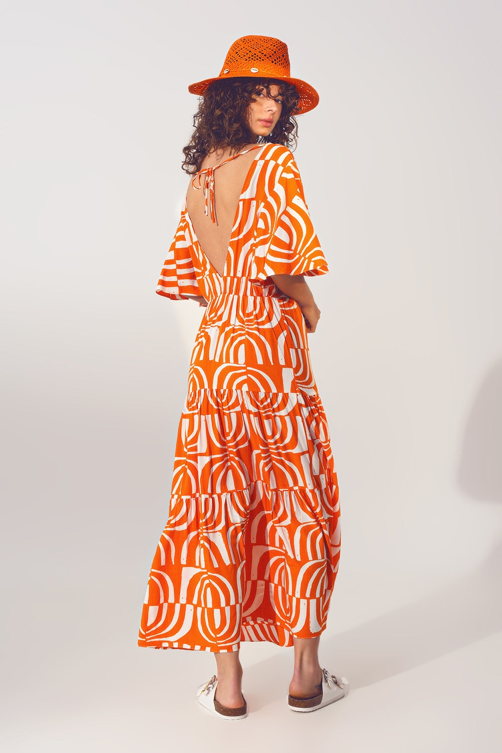 Vestido Midi Cuello V Estampado Naranja