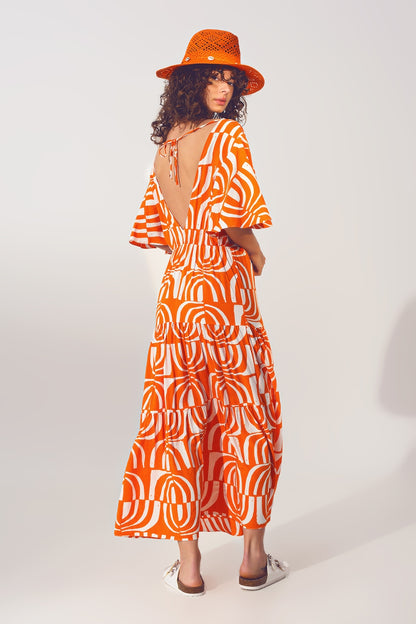 Vestido Midi Cuello V Estampado Naranja