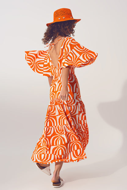 Vestido Midi Cuello V Estampado Naranja