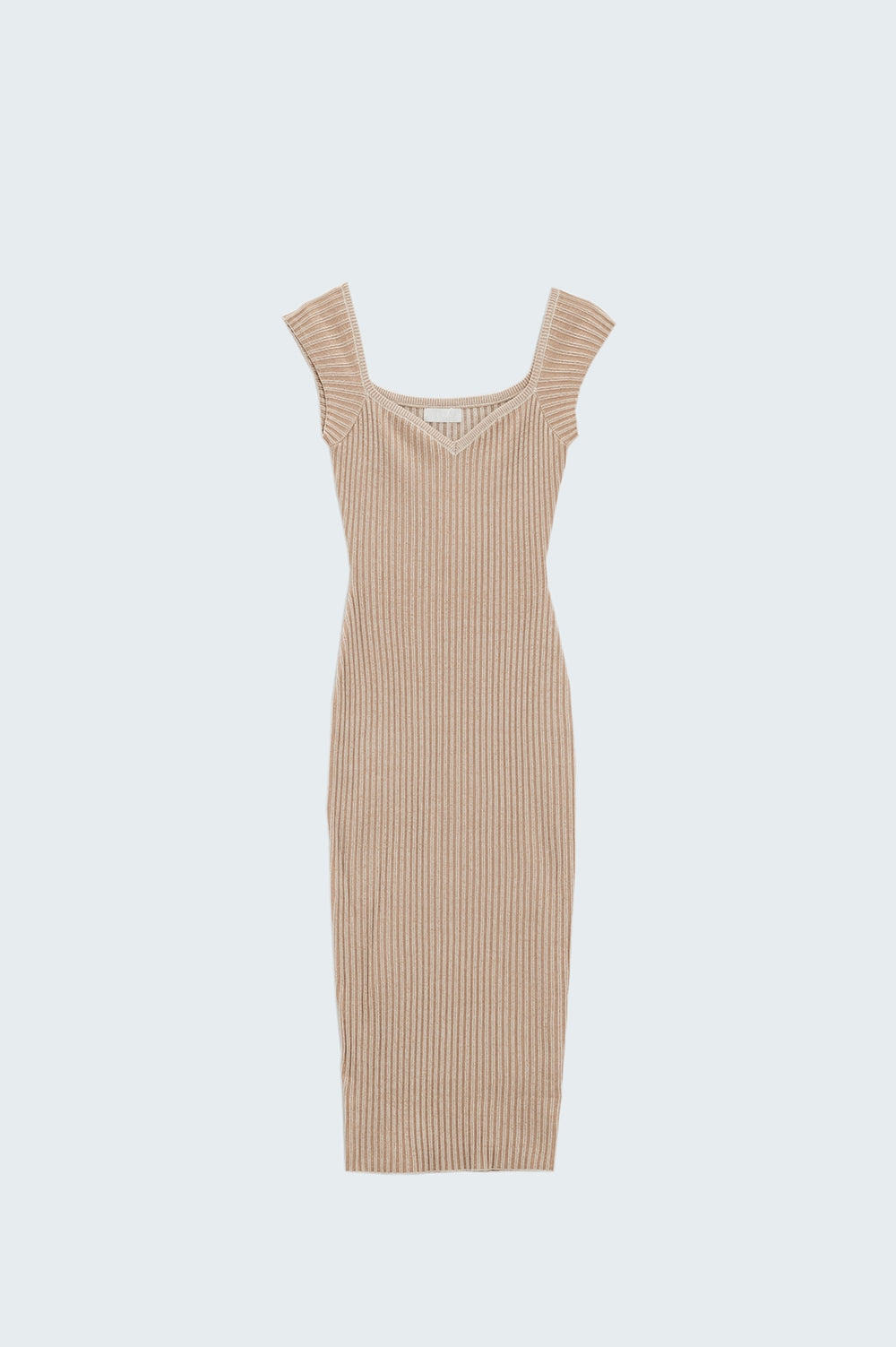 Q2 Vestido midi de canalé grueso beige con mangas casquillo