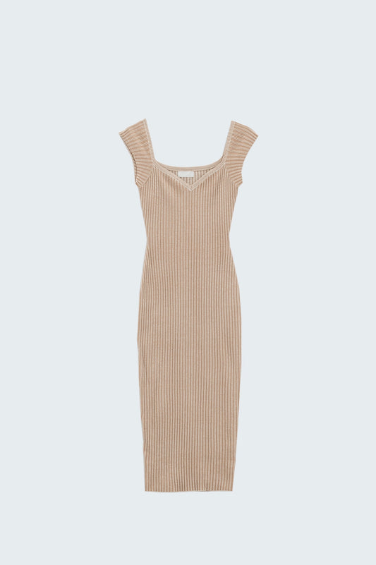 Q2 Vestido midi de canalé grueso beige con mangas casquillo