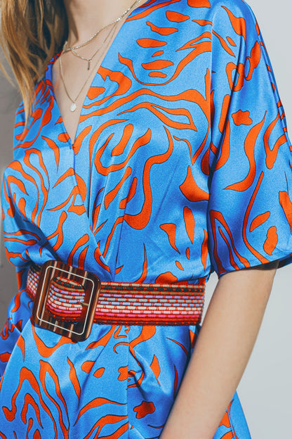 Vestido Midi de Satén con Cuello en V en Azul