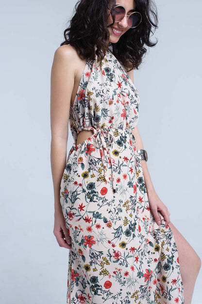 Vestido midi floral beige con cuello alto y aberturas