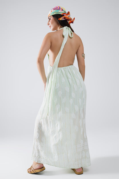 Vestido Midi Halter con estampado de hojas color menta y detalles de lúrex