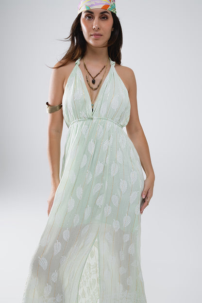 Vestido Midi Halter con estampado de hojas color menta y detalles de lúrex