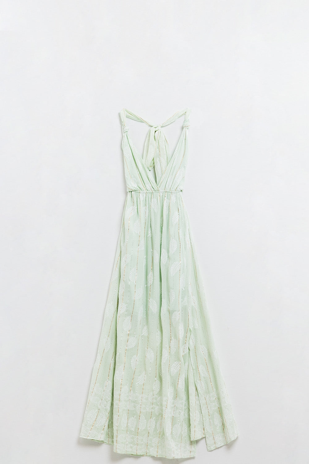 Vestido Midi Halter con estampado de hojas color menta y detalles de lúrex