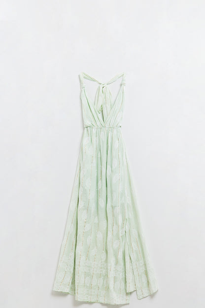 Vestido Midi Halter con estampado de hojas color menta y detalles de lúrex