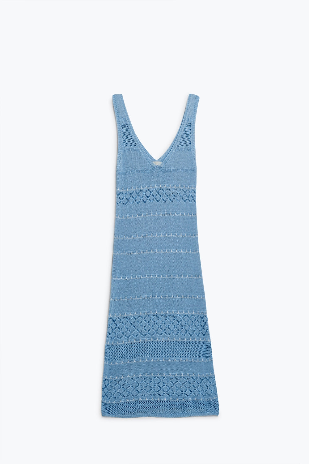 Vestido midi sin mangas azul bebé con escote en pico y diseño de ganchillo