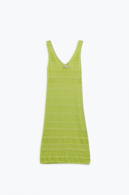 Q2 Vestido midi sin mangas de color lima con escote en pico y diseño de ganchillo