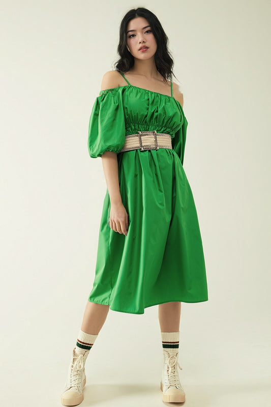 Q2 Vestido Midi verde con mangas cortas y tirantes