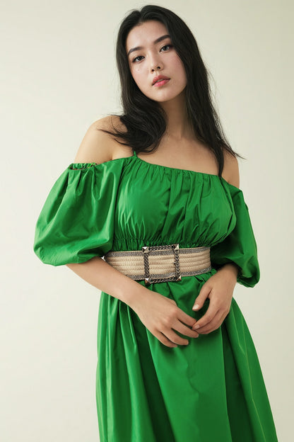 Vestido Midi verde con mangas cortas y tirantes