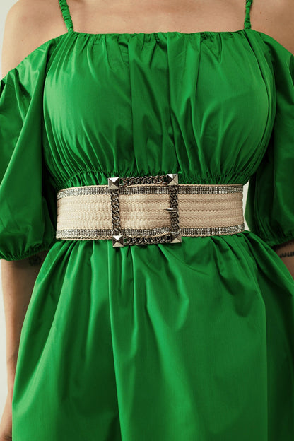 Vestido Midi verde con mangas cortas y tirantes