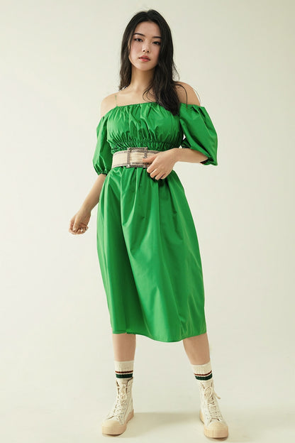Vestido Midi verde con mangas cortas y tirantes