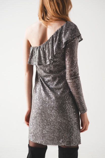 Vestido mini color plata de manga larga con lentejuelas