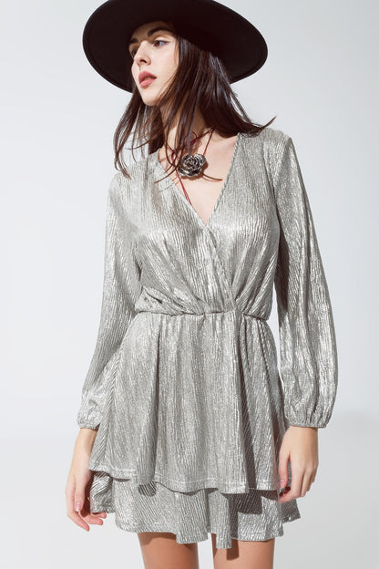 Vestido plateado Cruzado Con Mandas Largas Estilo Globo